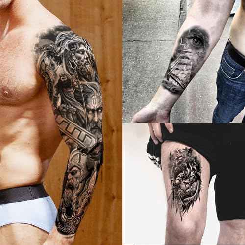 20 Sheets Black Zeus God Full Arm Temporary Tattoos For Men Adults Thigh, Bulk Temp Egypt Judgement God Albis Medusa Poseidon Fake Sleeve Tattoos For Women, Halloween Tattoo Sticker Anchor Ship Faith