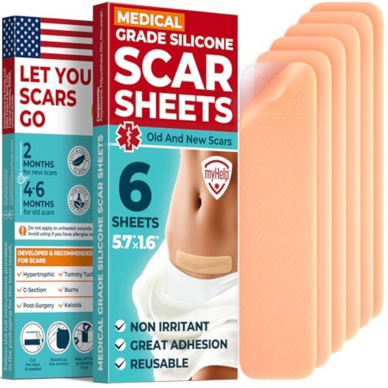 Medical Grade Silicone Scar Sheets - 6pk (5.7¡±x1.6¡±) - Visible Difference on Surgical & Keloid Marks - Reusable C-Section Scar Silicone Strips - Easy to Use Strips