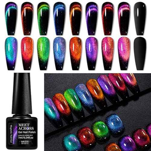 MEET ACROSS 12D Cat Eye Gel Nail Polish Set, Colorful Holographic Cat Eye Glitter Gel Polish Blue Purple Green Nail Gel Polish Kit with Base Top Coat and Magnet Soak Off Nail Art Gel DIY Salon Gift