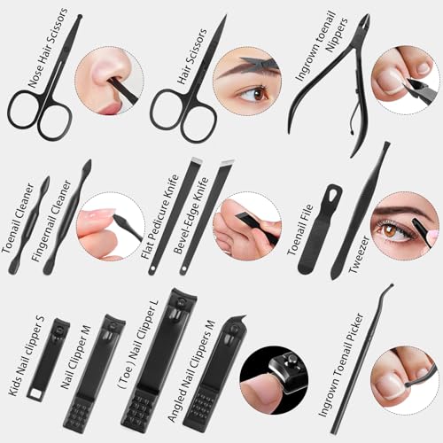 Nail Clippers Set, 26 Piece Manicure Set & Pedicure Kit, Stainless Steel Fingernail & Toenail Clipper Cutters, Professional Nail Care Tools with Luxurious Travel Case for Men and Women, Black