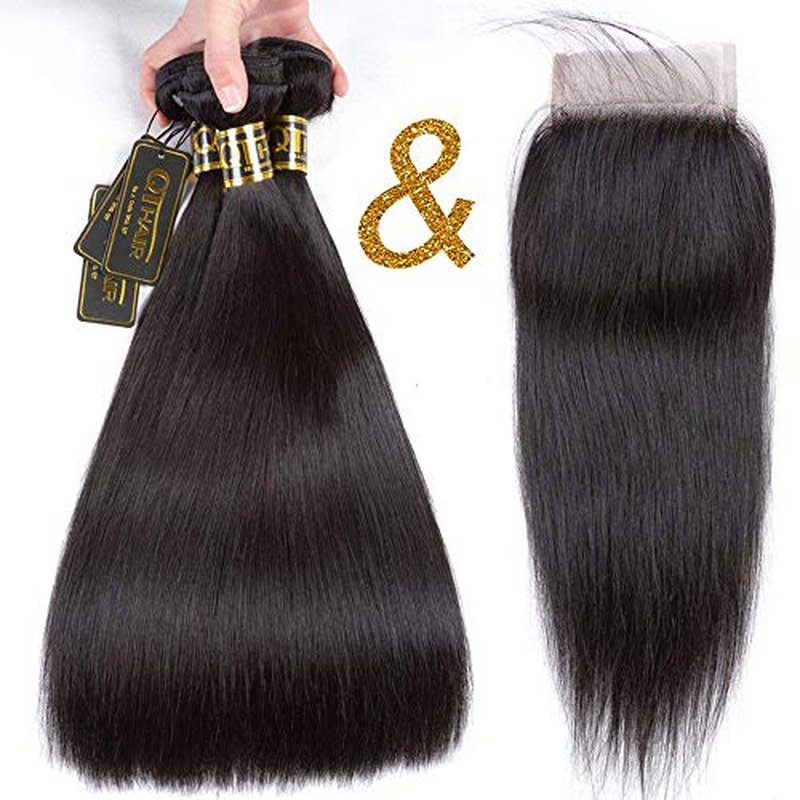 QTHAIR 16A Brazilian Virgin Straight Human Hair with Lace Closure (14/16/18+12 Inch, Natural Black) 100% Unprocessed Straight Brazilian Virgin Hair Weave with 4x4 Swiss Lace Closure
