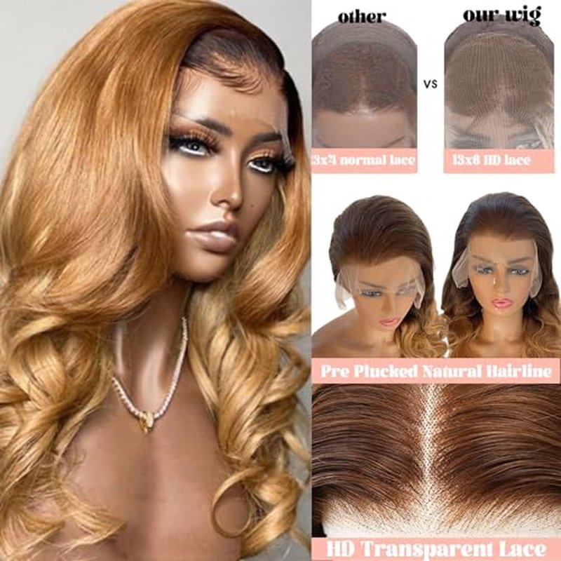 Smavida Highlight Ombre Body Wave HD Transparent Lace Front Wigs Human Hair,13x6 Honey Blonde Body Wavy Lace Frontal Wig Ombre Lace Front Wigs Human Hair for Women Pre Plucked with Bleached Knots 24¡±