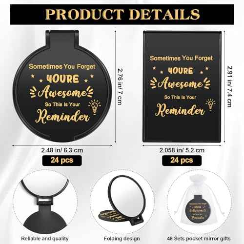 Geetery 48 Sets Inspirational Compact Mirror Bulk Round Makeup Glass Purse Pocket Mini Hand Folding Makeup Mirror with Gift Bags for Thanksgiving Christmas Women Coworker Friends