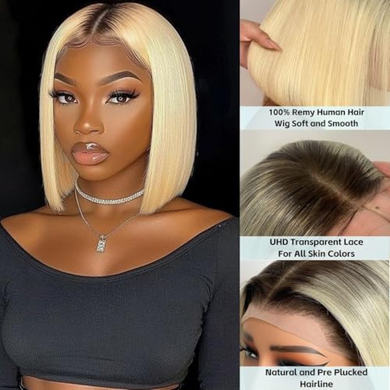13x4 Ombre Blonde Bob Wig with Dark Roots 613 Brazilian Remy Human Hair Double Drawn Preplucked 200% Density Short Straight Wig UHD Transparent Lace Frontal for Women Summer Party 10"
