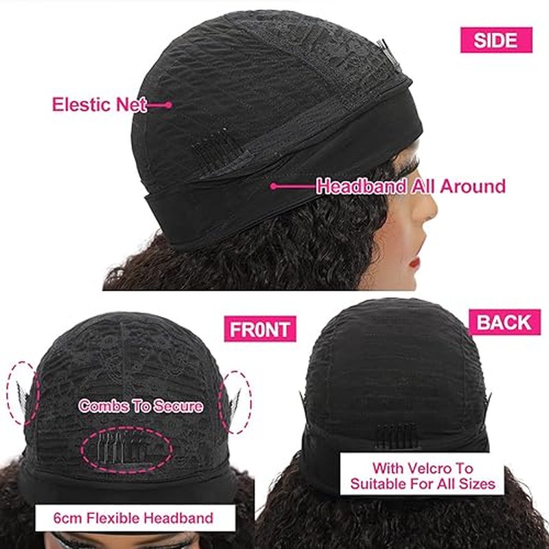 Kinky Curly Headband Wig Human Hair 24 Inch Headband Wigs for Women Human Hair Glueless None Lace Front Curly Wave Wigs Brazilian Virgin Hair Wear and Go Glueless Wig 150% Density Natural Black Color