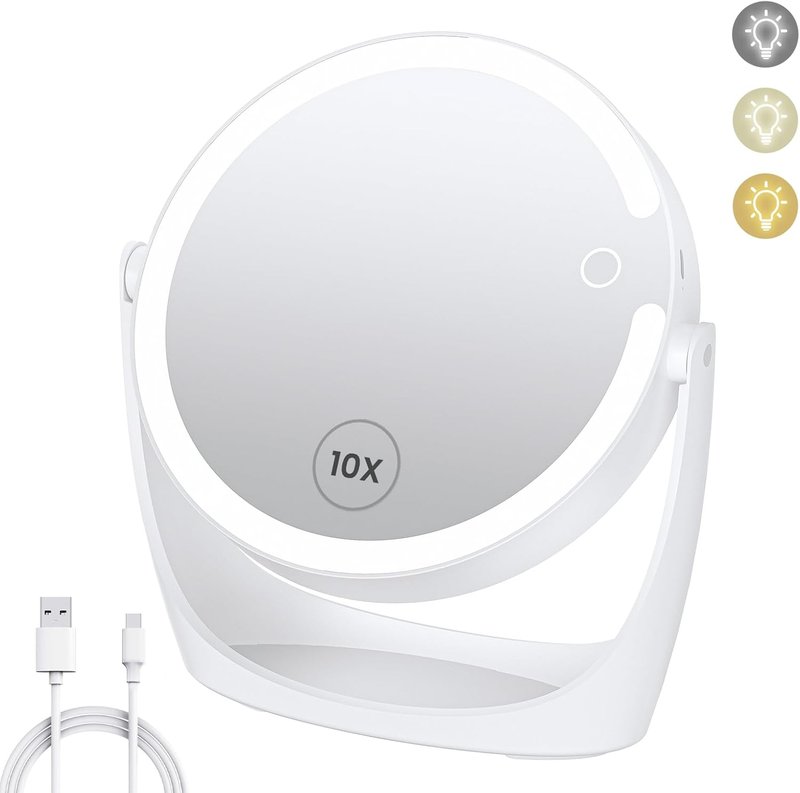 Vanity Magnifying Mirror - 10x Lighted Makeup Mirror with 3 Adjustable Brightness Settings | Rechargeable, Double-Sided, 360° Rotation