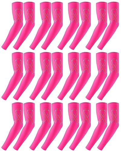 Handepo 12 Pairs Breast Cancer Awareness Sleeves Ribbon Arm Sleeves UV Protection Compression Arm Sleeve for Women Men Youth(X-Small)