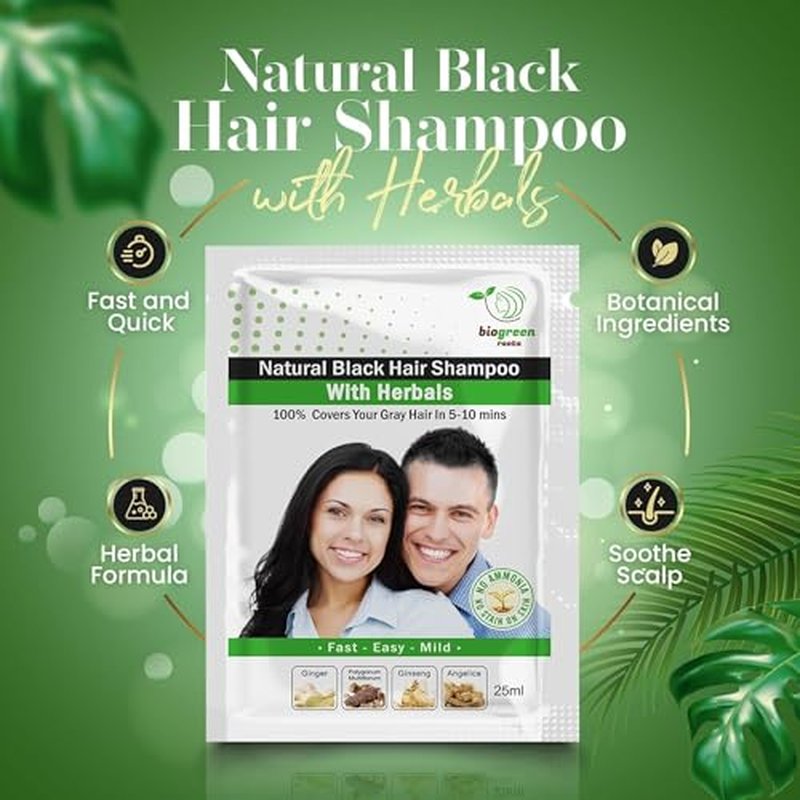 Ammonia-Free & Paraben Free Herbal Hair Shampoo - Hair Dye Shampoo for Women & Men - Natural Color & Herbal Nourishment - No Stain on Skin - Natural Black (100 sachets x 25 ml)