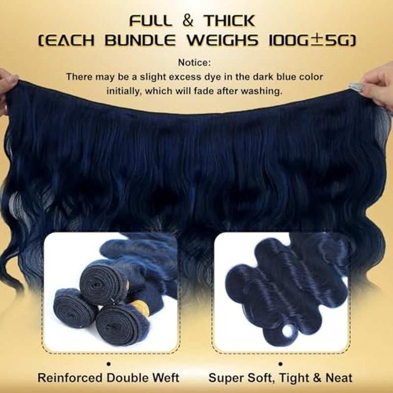 Dark Blue Body Wave Human Hair Bundles, Quick Weave Sew In Wavy 12A 100% Brazilian Virgin Hair, Soft Glossy Thick, Perfect for Quick Weave Sew-In Styles 3 Bundles 10 12 14 Inch