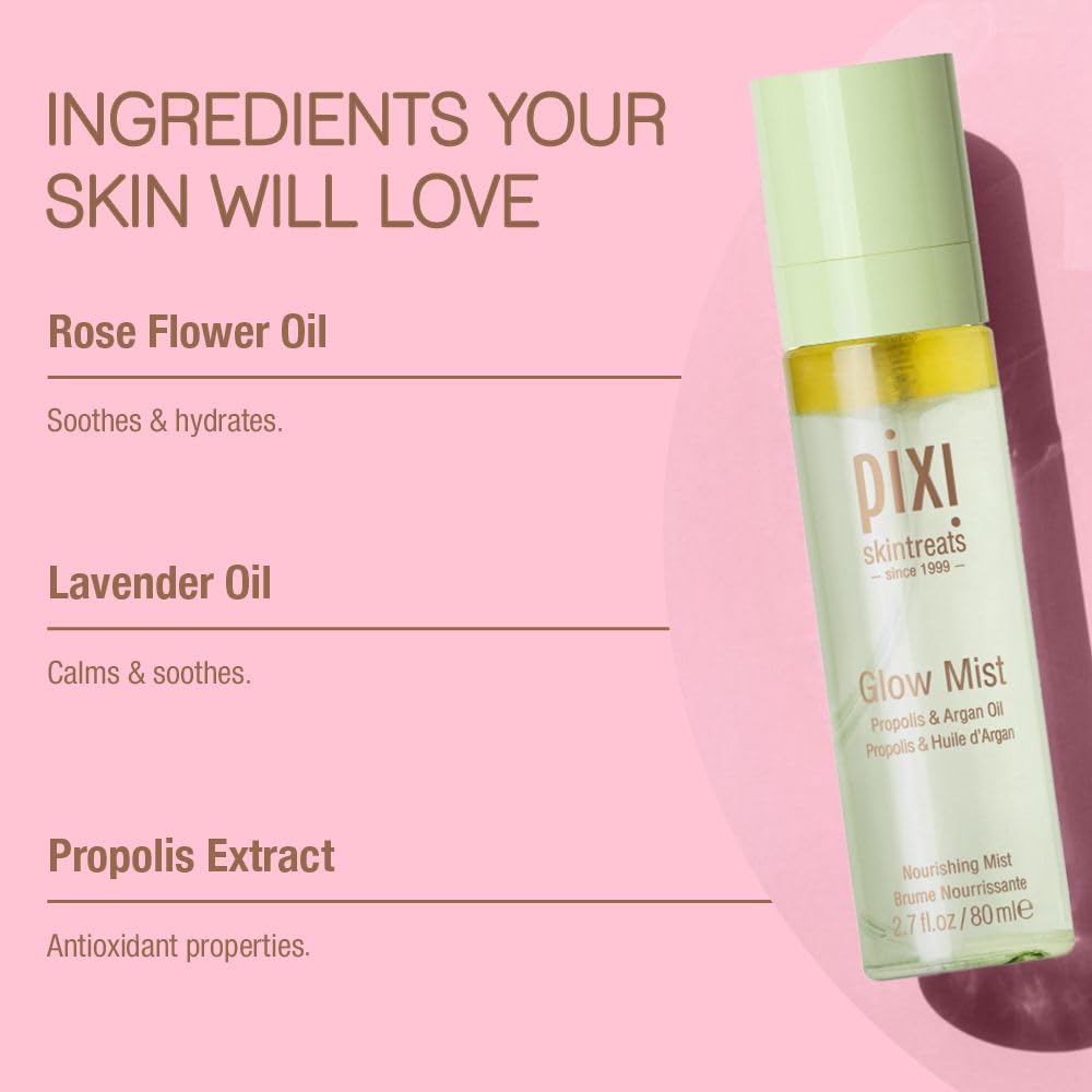 Pixi Beauty Glow Face Mist with Natural Oils | Glow Mist Illuminating Spray Revives Dull Dry Skin | Instant Radiance & Dewy Finish, Sets Makeup | Propolis & Argan Oil, Non-Greasy | 2.7 fl oz