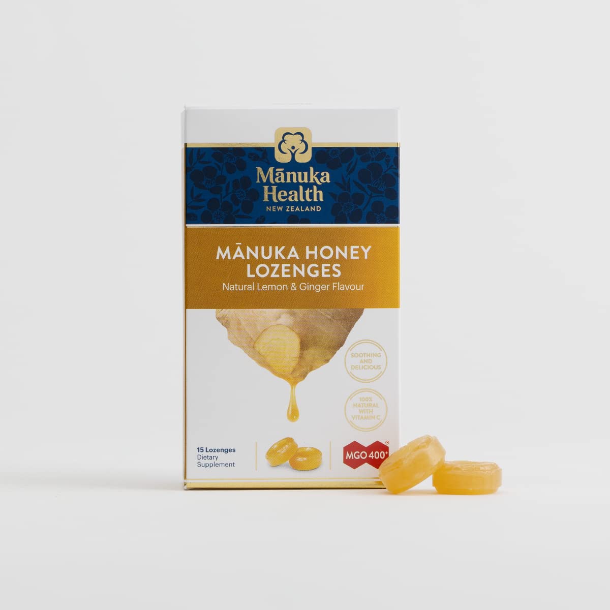 Manuka Health Manuka Honey Lozenges – 15 Lemon and Ginger Flavored Lozenges – Natural Throat Lozenges Infused with Raw Manuka Honey and Vitamin C for Immune Support