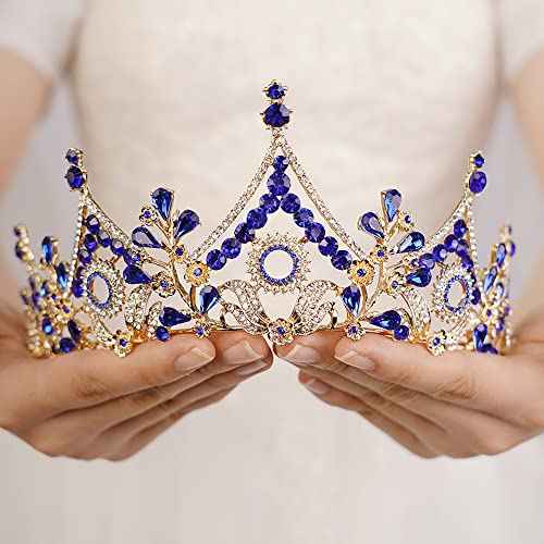 Wekicici Baroque Queen Crown Blue Crystal Tiara Rhinestone Princess Wedding Headband for Women Birthday Pageant Party(Blue)