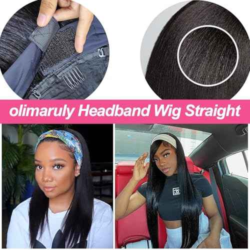 12 Inch Short Straight Headband Bob Wigs Glueless Headband Wig Human Hair Short Straight half wigs for Black Women 180% Density No Lace Headband Wig Natural Color Easy Put On
