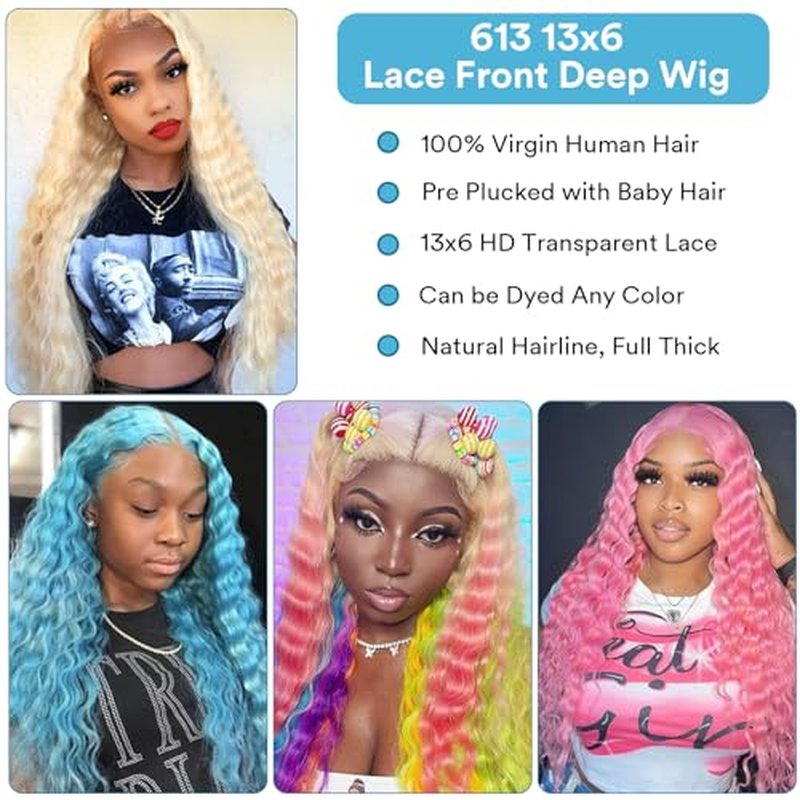 613 Lace Front Wig Human Hair 613 Blonde Deep Wave 13x6 HD Transparent Lace Front Wig Human Hair Pre Plucked Blonde Wig Human Hair with Baby Hair 180% Density for Women(20inches 613 13x6 Wig)