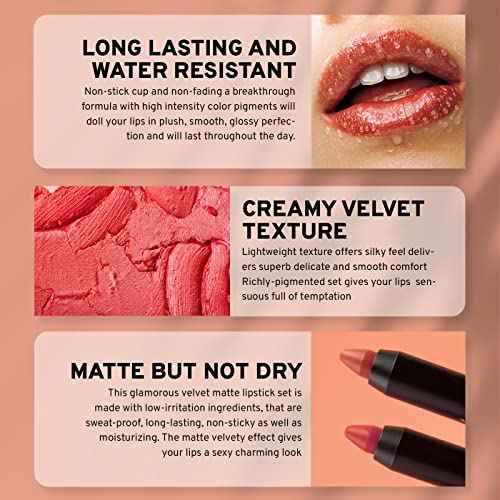 Matte Lipstick Set - 12-Piece Lip Crayon Set With Nude, Pink, Mauve & Red Shades - Waterproof, Long-Wearing Smudge Proof Lipstick Formula with Rich Colors & Pigments