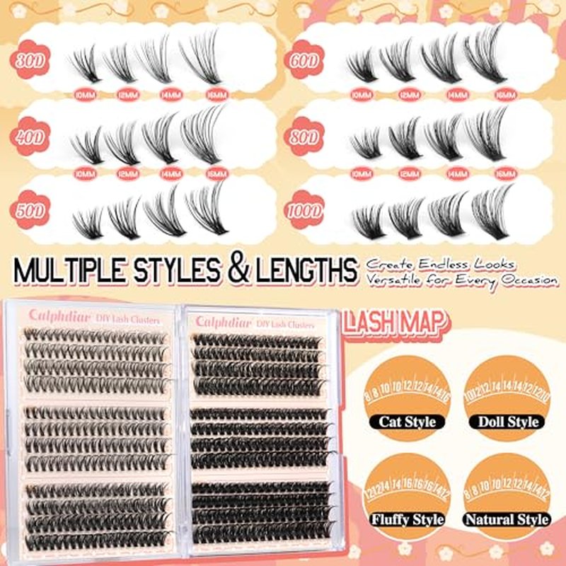 Calphdiar Eyelash Clusters 30D+40D+50D+60D+80D+100D Lash Clusters Wispy Individual Lashes 476PCS D-curly Lash Extension 10-16MM Natural Lashes Clusters DIY Cluster Eyelash Extensions for Beginners