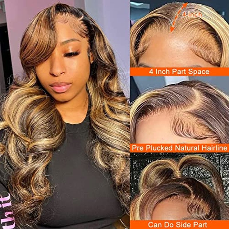 Body Wave Highlight Ombre Lace Front Wig Human Hair Pre Plucked 13x4 HD Transparent 4/27 Colored Honey Blonde Lace Frontal Wigs with Baby Hair 200% Density Lace Front Wigs For Women (24 Inch)