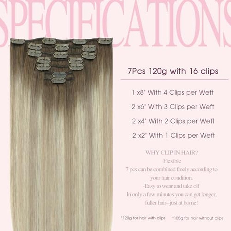 PINKPEARL Clip in Hair Extensions Real Human Hair, 16 Inch 120g 7pcs Human Hair Extensions Clip In, #8/60/18 Balayage Ash Brown to Platinum Blonde and Ash Blonde(#8/60/18-16)