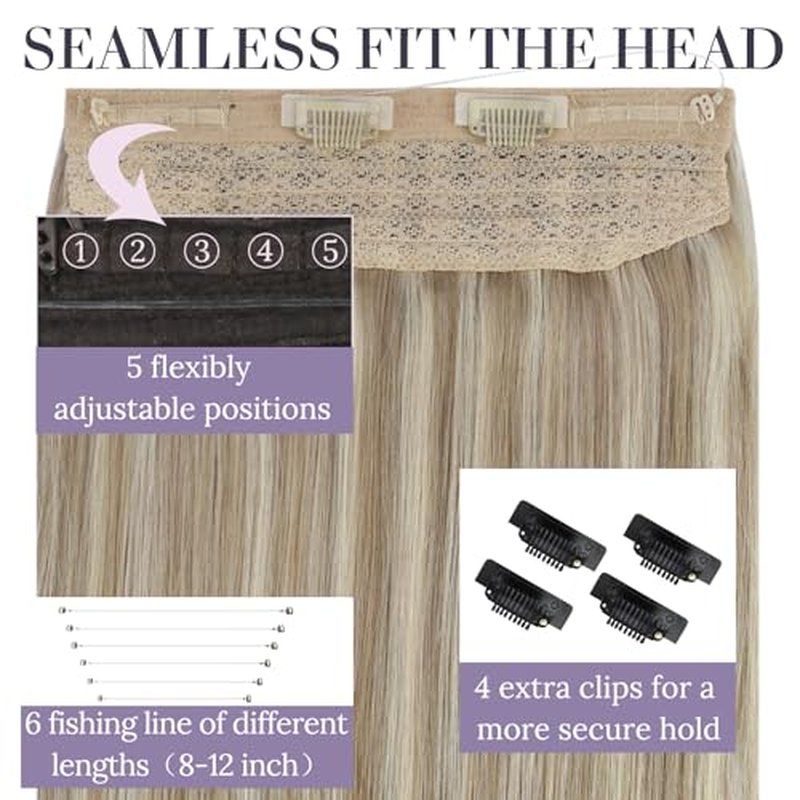 Fshine Wire Hair Extensions Golden Blonde Mix Light Blonde Highlightted 18 Inch Invisible Layered Wire Hair with Transparent Fish Line Straight Hair Clip in Extension 80 G
