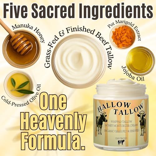 Hallow Tallow Whipped Beef Tallow Moisturizer ? 100% Grass-Fed & Finished Tallow Balm with Manuka Honey, Jojoba & Olive Oil, Calendula Extract ? Natural Hydrating Face & Body Cream, 4oz