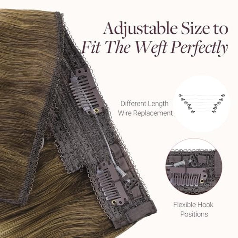 GOO GOO Wire Hair Extensions Human Hair, 3/8/613 Walnut Brown with Ash Brown and Bleach Blonde Balayage 16inch 95g, Invisible Wire Hair Extensions with Transparent, Seamless Fish Line Hairpiece