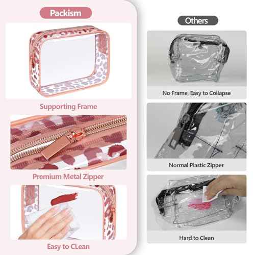 PACKISM TSA Approved Toiletry Bag - Rose Gold Leopard Print Clear Makeup Bag, Suitable for Gifts, with Supporting Frame, Perfect for Travel Essentials, Thick No Smell