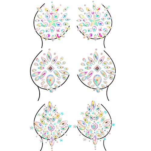 Temporary Tattoo Stickers Jewels Rhinestone Festival Accessories DIY Self Adhesive Crystal Body Jewelry Stickers Makeup Stick Gems Glitter Flower Chest Stickers For Women and Girls 3Pcs