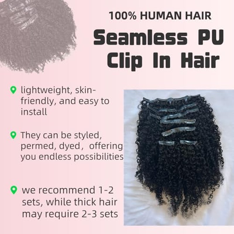 Seamless Afro Kinky Curly PU Clip in Extension Real Human hair For Women 7Pcs Seamless Clip ins Full Head 120g Natural Color 20Inch