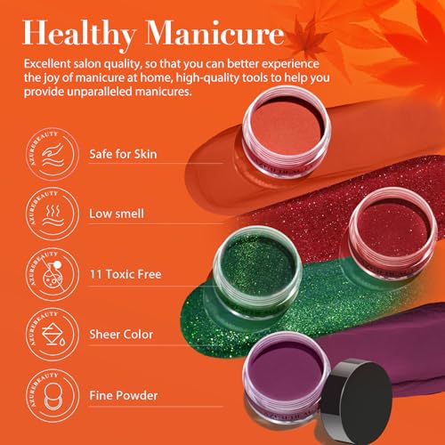 AZUREBEAUTY 130 Pcs Dip Powder Nail Kit ,16 Colors Brown Purple Green with Top/Base Coat Professional Glitter or DIY Salon Gifts