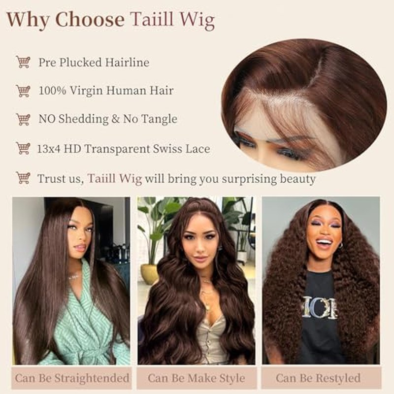 32 Inch Chocolate Brown Lace Front Wig Human Hair HD 13x4 Body Wave Lace Wigs Human Hair Colored #4 Glueless Wigs Human Hair Pre Plucked With Baby Hair 200% Density #4 colored