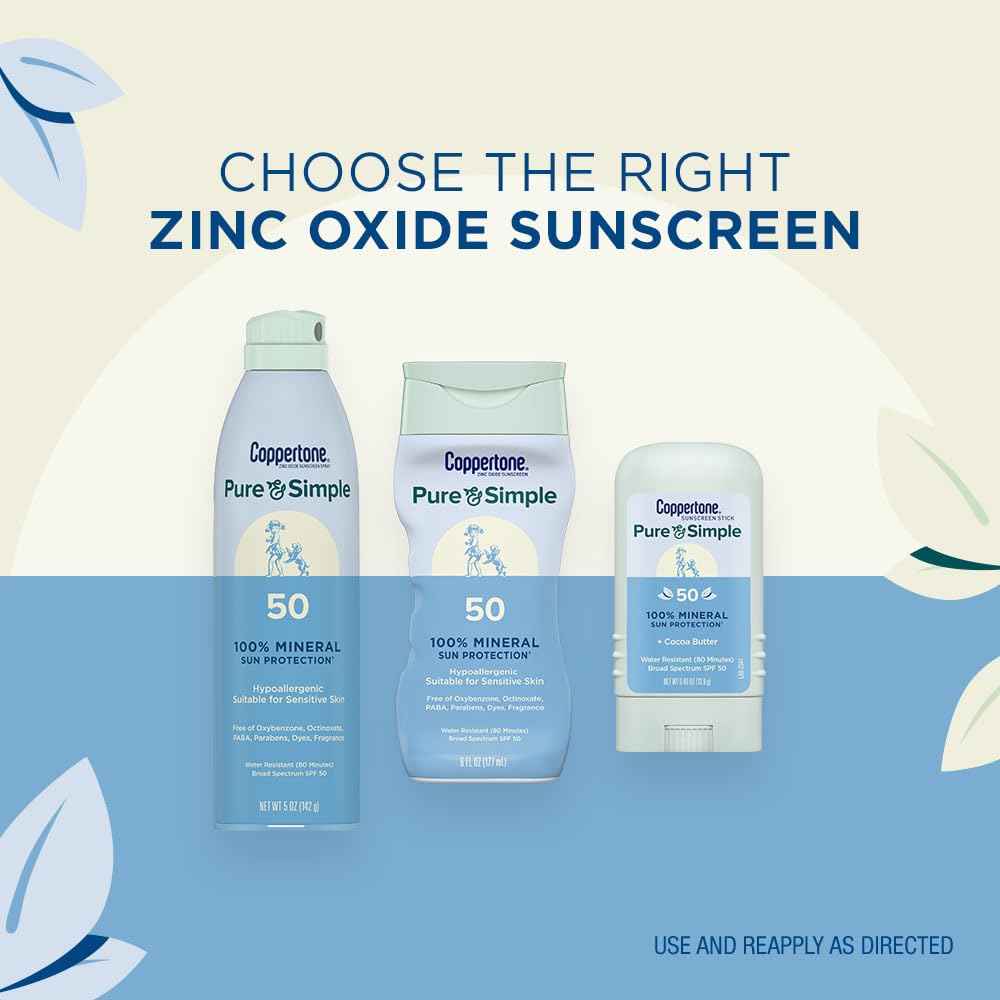 Coppertone Pure and Simple Mineral Sunscreen Spray SPF 50 (5 Oz) + Sunscreen Stick SPF 50 (0.49 Oz) with Zinc Oxide Protection, Hypoallergenic, Fragrance Free