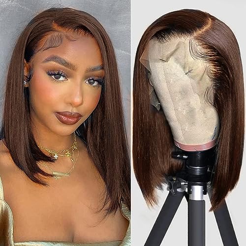 Brown Front Bob Wig Human Hair 13x4 HD Lace Front Wig 100% Unprocessed Brazilian Virgin Human Hair #4 Bob Wigs Pre Plucked Natural Hairline with Baby Hair Brown Color Bob for Women(8")