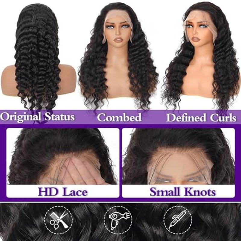 Water Wave Lace Front Wigs Human Hair 13x6 Full Frontal HD Transparent Lace Front Wigs for Women 180% Density Deep Curly Human Hair Wigs Wet And Wavy Pre Plucked with Baby Hair 20Inch
