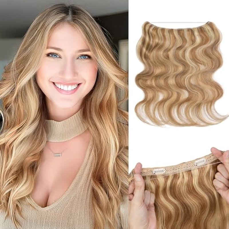 Halo Hair Extensions Real Human Hair Wavy Invisible Wire Hairpiece Adjustable One Piece With 2 Secure Clips For Women to Add Length,18 Inch 12P613 Golden Brown Mixed Bleach Blonde,65g