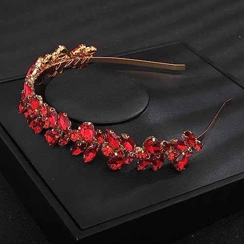 Teyglen Crystal Wedding Crown Bridal Red Rhinestone Tiara Headband Full Blue Black Pink Pieces Handmade Rhinestone Headpieces Hair Accessories for Women Party Prom Birthday (Red)