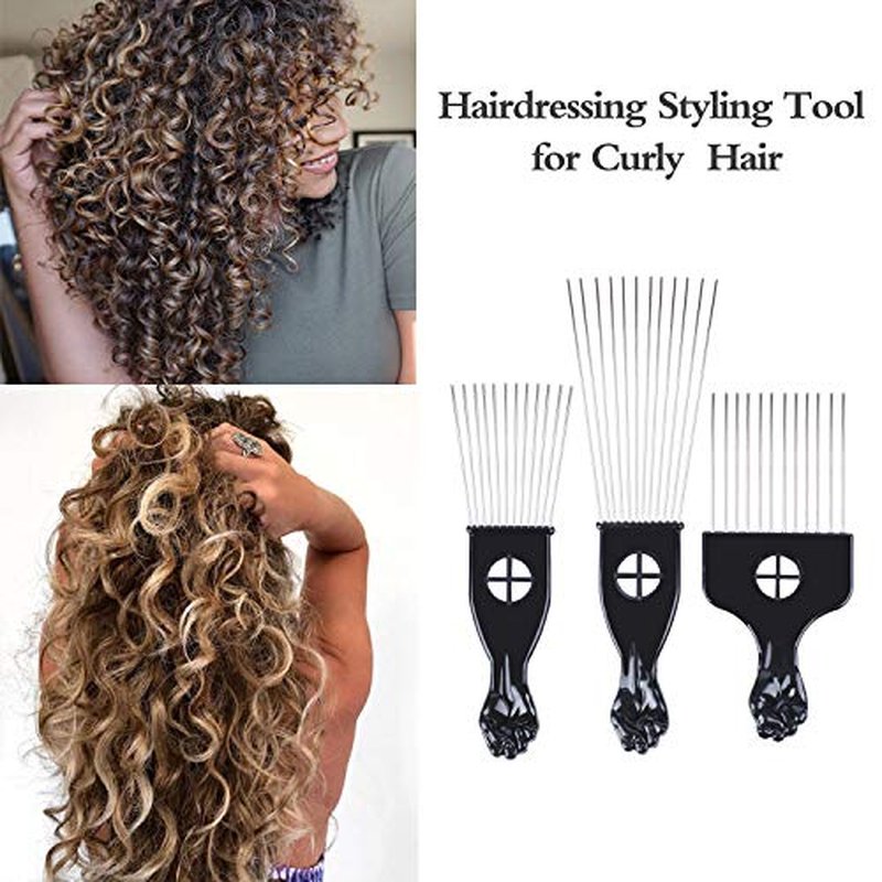 Hair Picks - Black Metal Afro Combs for Hair Styling, Fist Pick for Women and Men