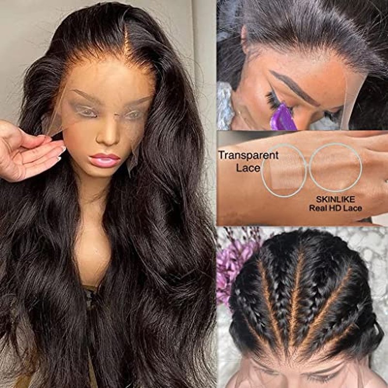 Invisible Melt Skin HD Swiss Lace Front 13x6 Virgin Human Hair Wigs, Natural Black Color Body Wave Style 180% Density Hair Pre Plucked Hailine with Baby Hair for Black Women 14inch