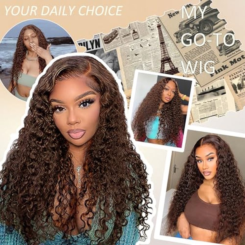 Chocolate Brown Wig Glueless Wigs Human Hair Pre Plucked Pre Cut Chocolate Brown 4x4 Hd Lace Front Wig For Black Women Colored Water Wave Wavy Curly Wig Human Hair Wear And Go Glueless Wigs #4 18inch