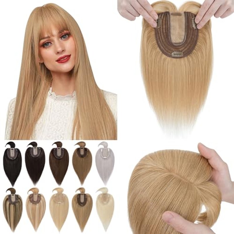 SEGO Hair Toppers for Women With Bangs Real Human Hair, 130% Density 10 * 12CM Silk Base Clip in Top Wiglet Hairpieces for Thinning Hair-12 Inch 27 Dark Blonde