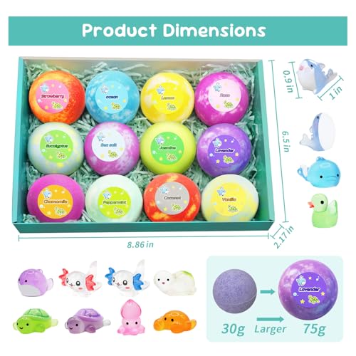 Bath Bombs for Kids with Toy Inside, 12 PCS Natrual Bath Bombs with Glow-in-The-Dark Surprise Inside, Perfect Handmade Birthday Christmas Gifts for 3 4 5 6 7 8 Years Old Boys Toddlers Girls