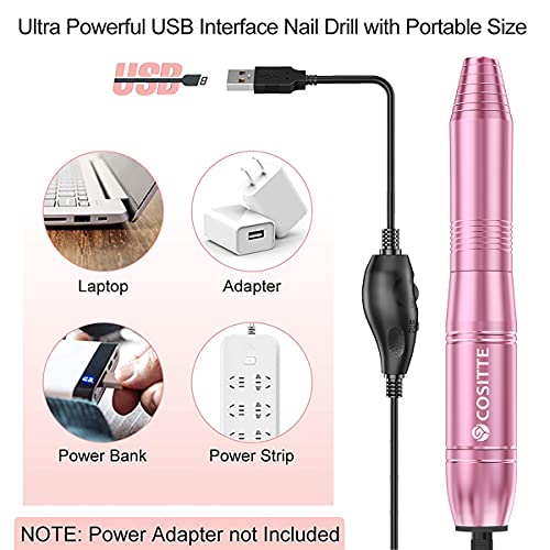 Electric Nail Drill,USB Electric Nail Drill Machine for Acrylic Nail Kit,Portable Electric Nail File Polishing Tool Manicure Pedicure Kit Efile Nail Supplies for Home Salon,Pink