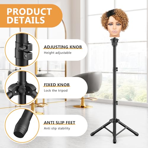 Wig Head Stand 50 Inches, Height Adjustable Tripod Wig Stand, Salon Mannequin Head Stand with Anti-Slip Base for Styling, Wig Display Barber Training, Beauty School? (Black)