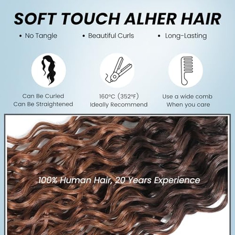 ALHER 12A Ombre Human Hair 3 Bundles Water Wave, Salon Quality Soft Thick Chestnut Brown Ombre Curly Bundles Wet and Wavy 100% Remy Hair #T1B/2/30 Dark Root to Medium Auburn Sew In Weave 10/12/14 Inch