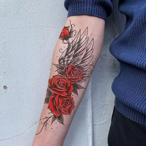 8 Sheets Waterproof Body Art Arm leg Temporary Tattoo Sticker Black Red Rose Flower Wing Gun Butterfly Suit for Men and Women