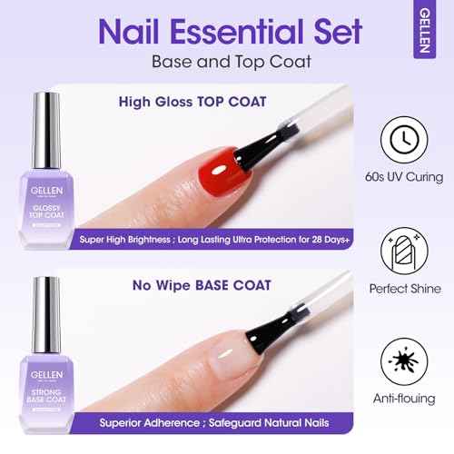 Gellen Nail Dehydrator and Primer with Base Coat Top Coat, Acid-Free Hema-free Nail Prep Dehydrator Primer 18ml UV Superior Glossy Top Coat for Acrylic Gel Nail Polish Nail Art Supplies Gift for Women