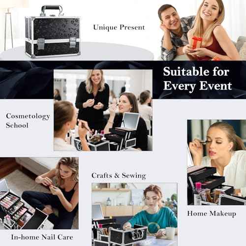 FRENESSA Makeup Train Case Makeup Box 11.8 Inch Large Makeup Case Organizer 3 Trays with Mirror Locking Cosmetic Storage Box for Cosmetics Nail Supplies Sewing Travel Case Black Floral