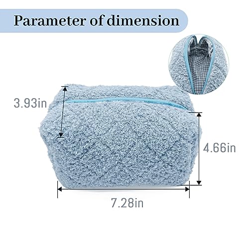 Checkered Makeup Bag, Blue Plush, Fluffy, Zippered, Portable Skincare Storage Bag, Fashionable Cosmetic Bag