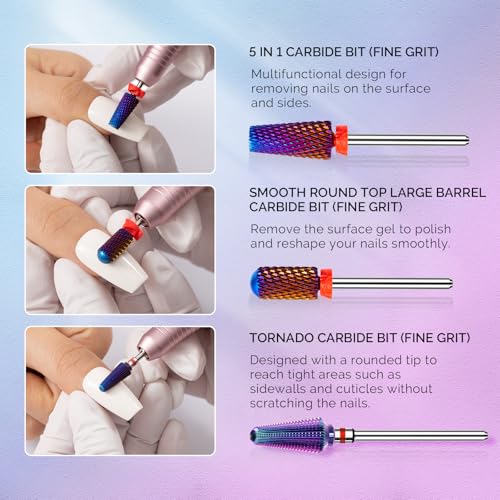 MelodySusie 3Pcs Nail Drill Bits Set, 3/32'' Carbide Tungsten Bits, 5 in 1, Smooth Round Top Large Barrel and Tornado Bits, Suitable for Manicure Pedicure Cuticle Gel Acrylic Remover, Purple