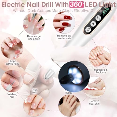 Professional Manicure Pedicure Kit, Cordless Electric Nail Drill with 360¡Æ LED light&10 Speeds, Rechargeable Pedicure Tools for feet, Hand Foot Care Nail Drill for Thick Nail Toenail Cuticle Women Men