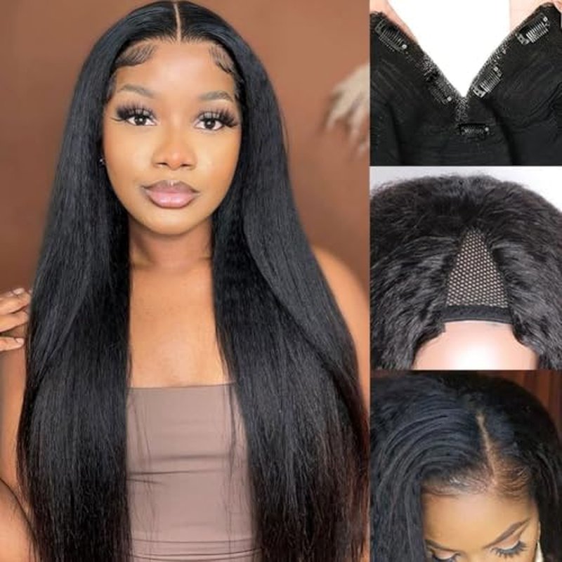 V Part Human Hair Wig Kinky Straight V Part Wig Human Hair for Black Women 18 Inch Glueless Wigs Clip Upgrade Natural Beginner Friendly Middle Part 200% Density